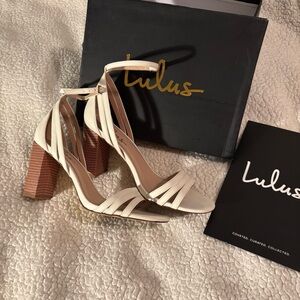 Lulu's Ivory Strappy Heels with Wooden Block Heel
